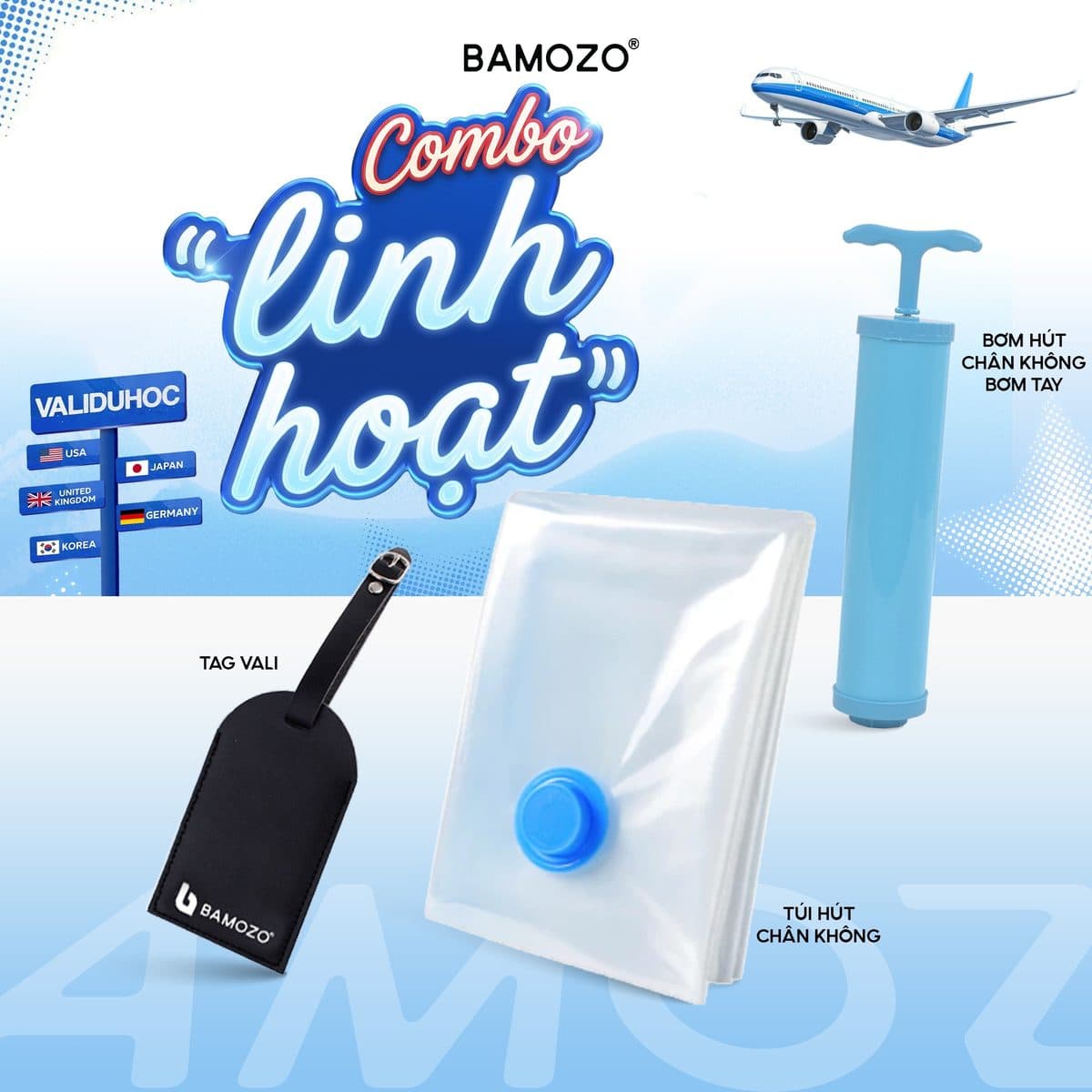 Combo linh hoạt: túi hút chân không, bơm hút chân không bơm tay và tag vali