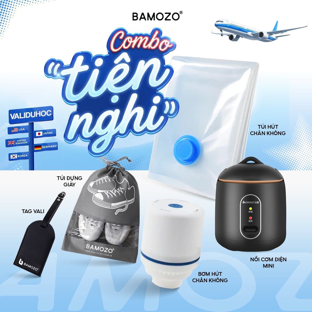 Combo tiện nghi: túi hút chân không, bơm hút chân không, túi đựng giày, tag vali và nồi cơm điện mini